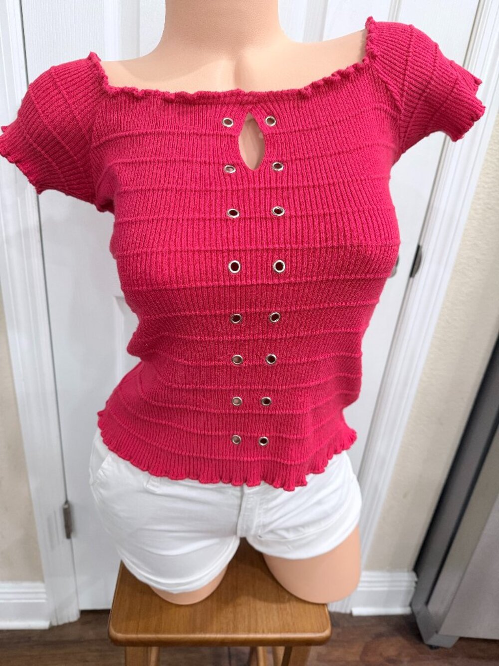 Ambiance Apparel Red Ribbed Grommet Knit Top Off Shoulder Y2K Coquette Size L